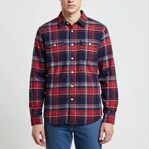 Lucky Brand Red Blue Saturday Stretch Flannel Button Down Shirt Mens Size M